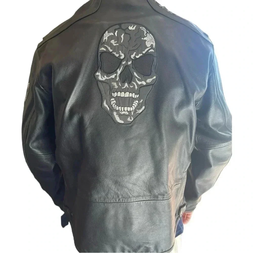 Leather Motorcycle/Racing Jacket with Reflective‎ Skull Designs